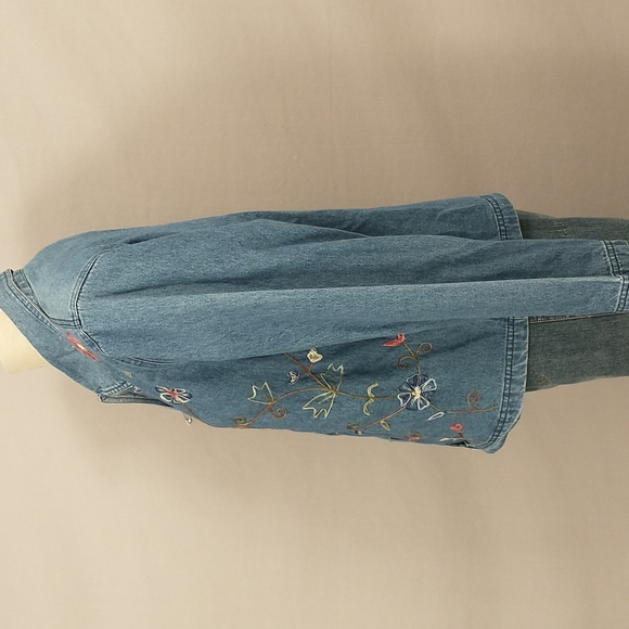 Embroidered Denim Shirt Jacket Vintage Floral Shacket 80s / 90s Blue Jean Cotton - Picture 5 of 12